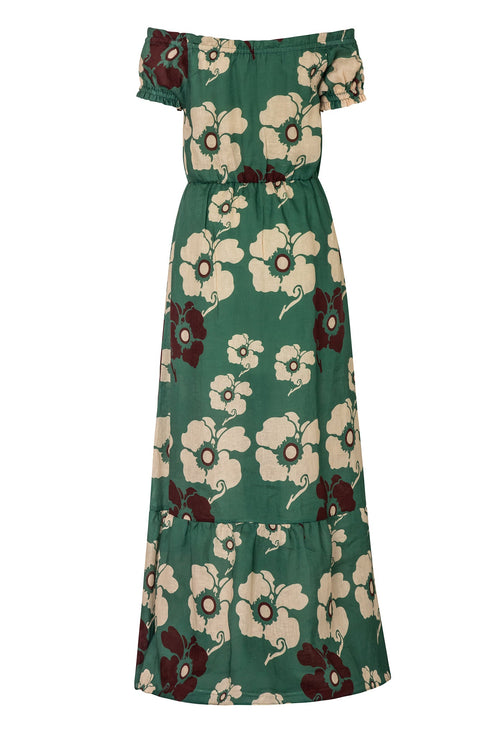 Julia Linen Maxi Dress / Emerald Green Maxi Ivory Flowers